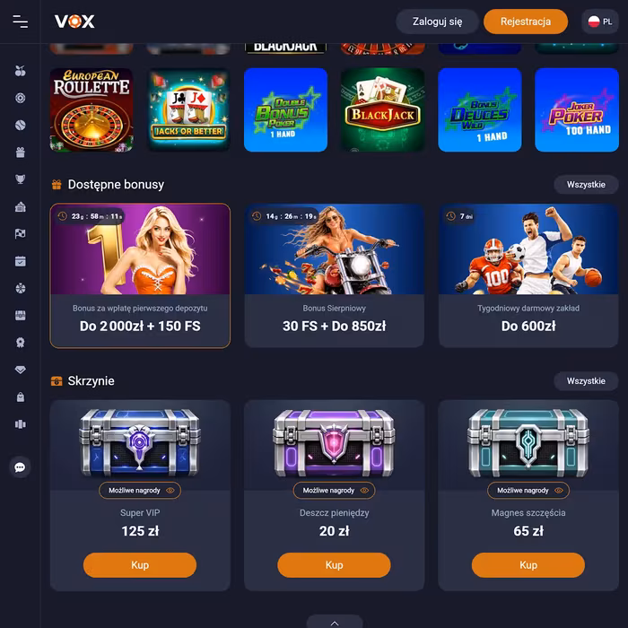Tabela bonusów powitalnych Vox Casino z darmowymi spinami